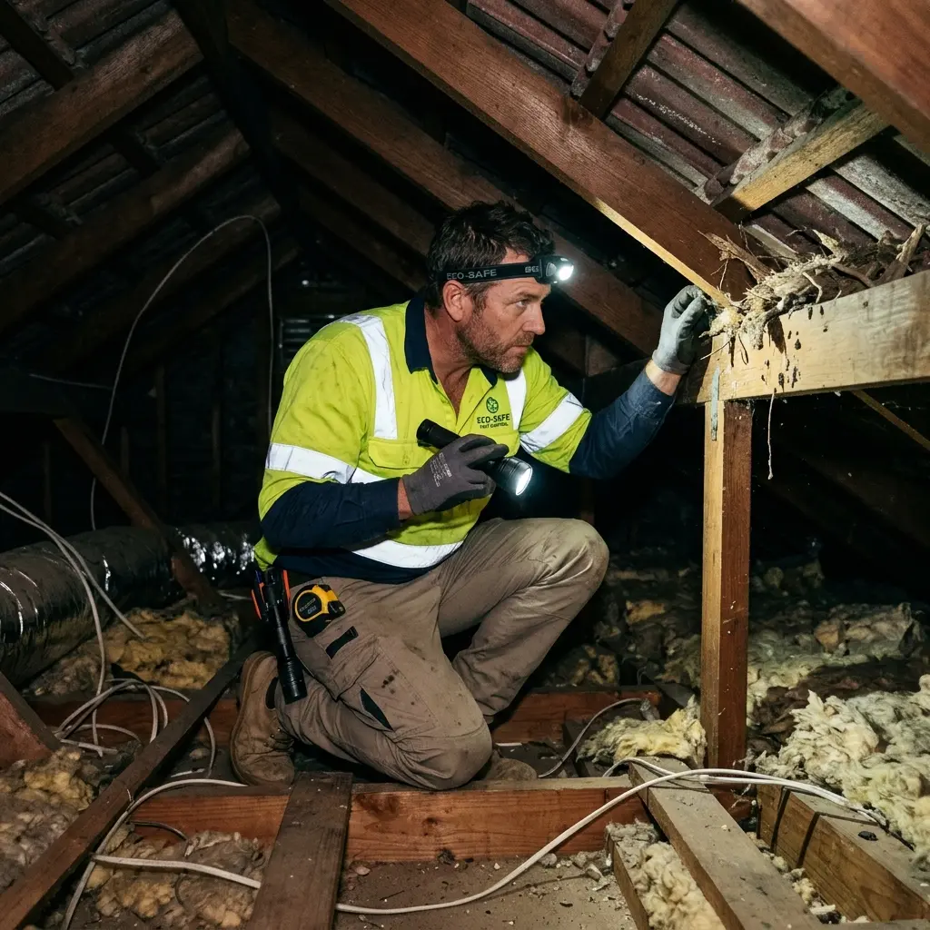Technician inspecting a roof cavity for a dead animal in Sutherlands Creek