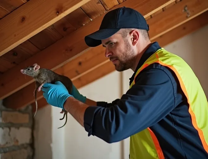 Technician inspecting a roof cavity for a dead rat in Sutherlands Creek